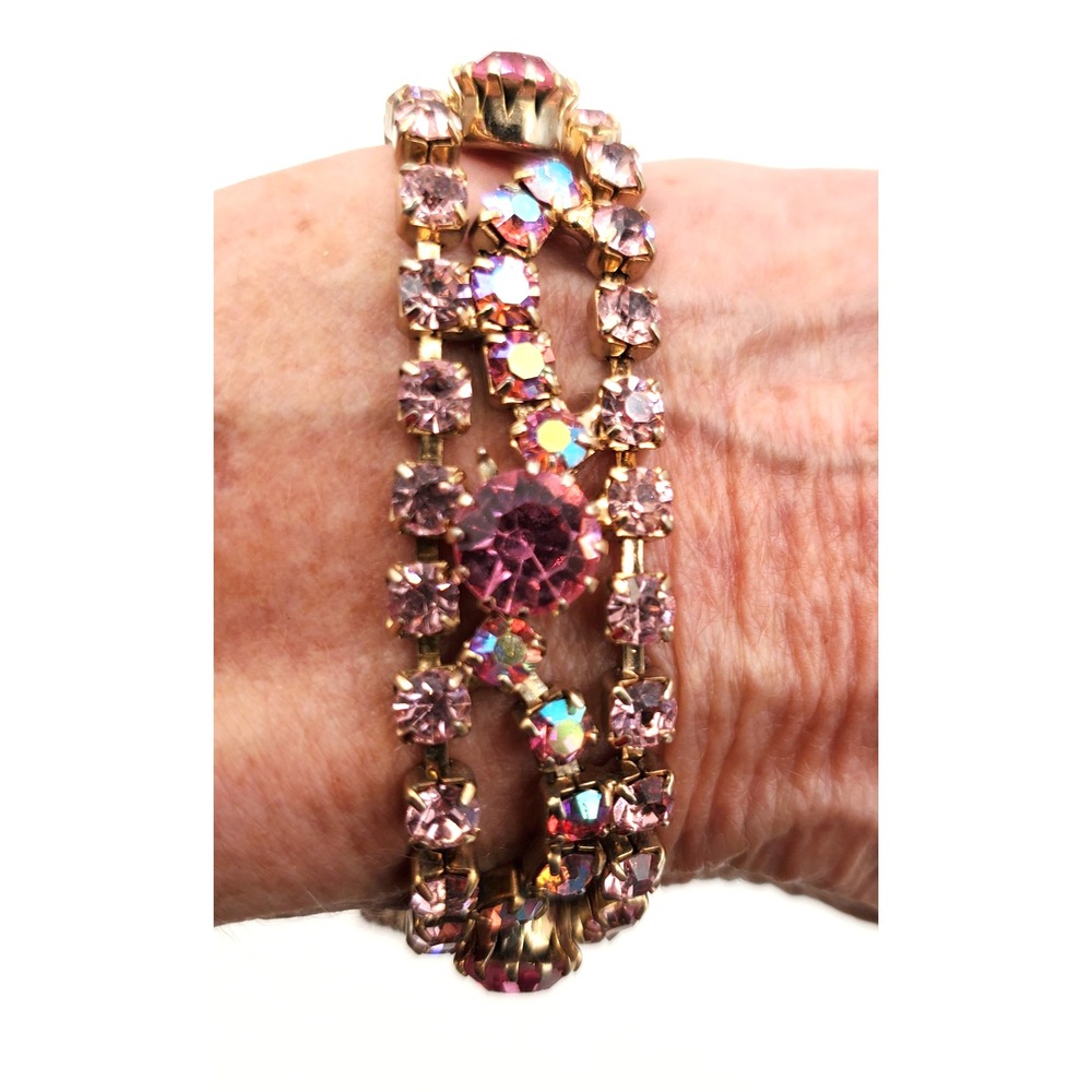 Vintage Pink Rhinestone Bracelet Aurora Borealis 3 Row Gold Tone 7"